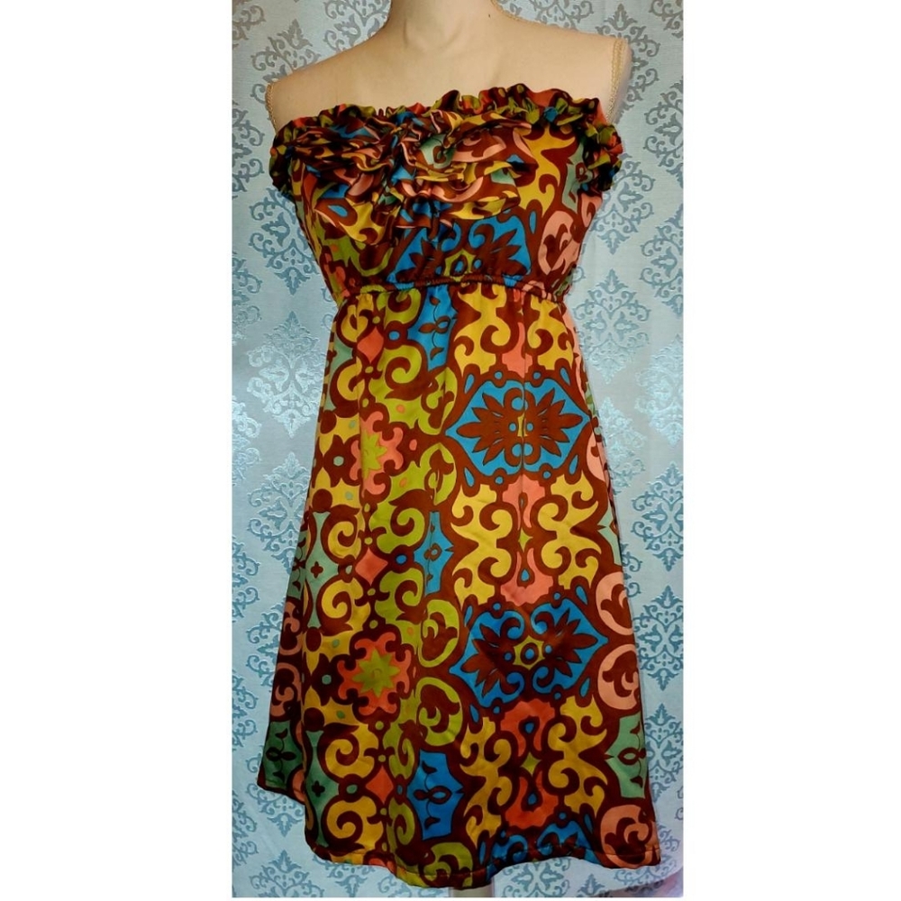 JudithMarch strapless dress ruffles coral blue
